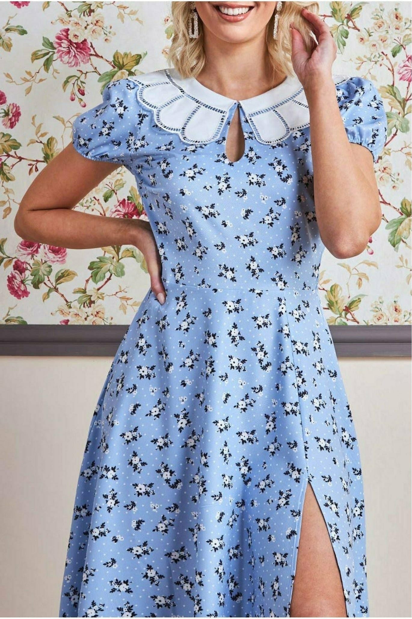 Printed Midi With Front Split - Powder Blue by Goddiva