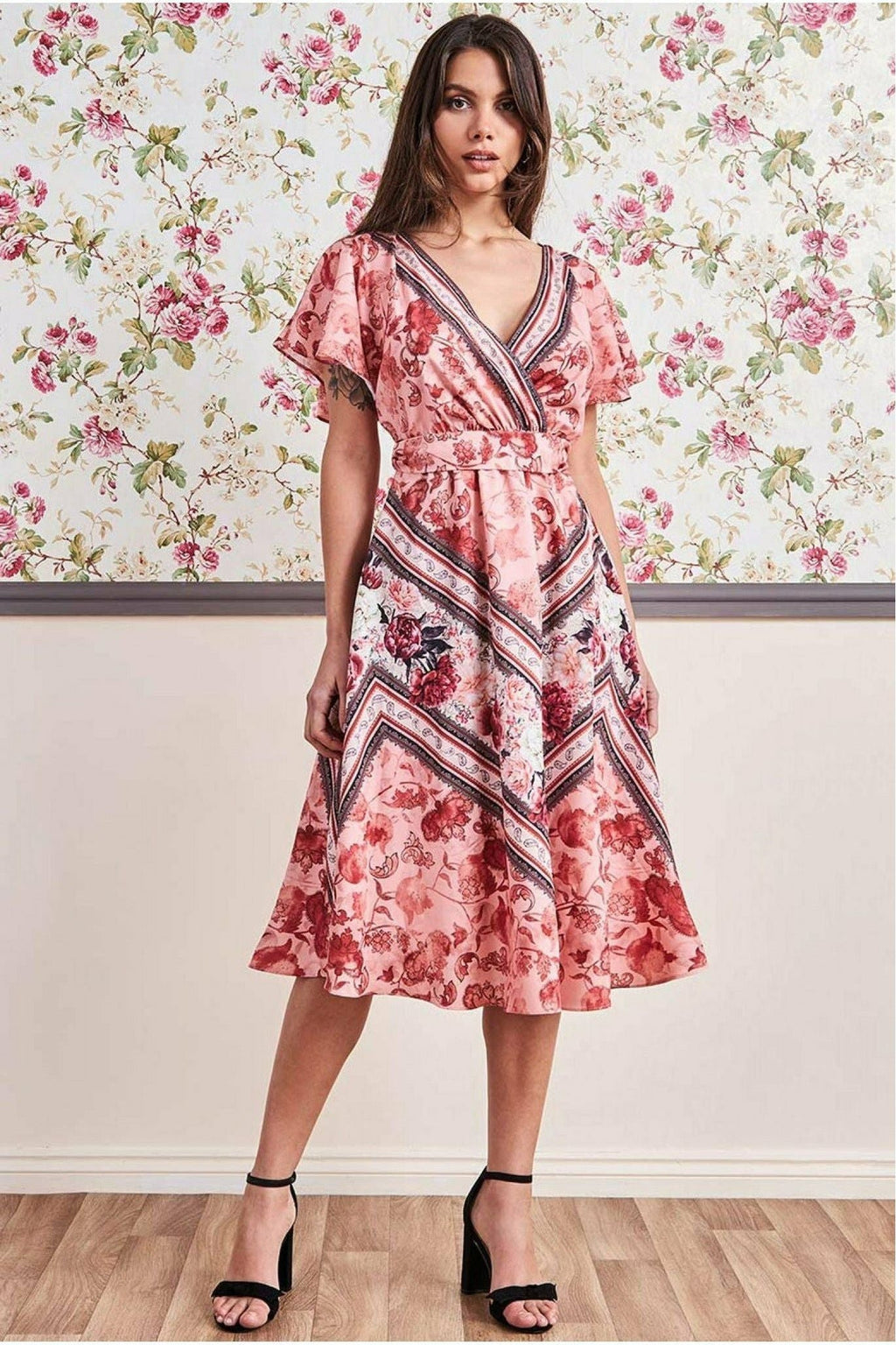 Flutter Sleeve Wrap Style Midi Dress - Peach by Goddiva