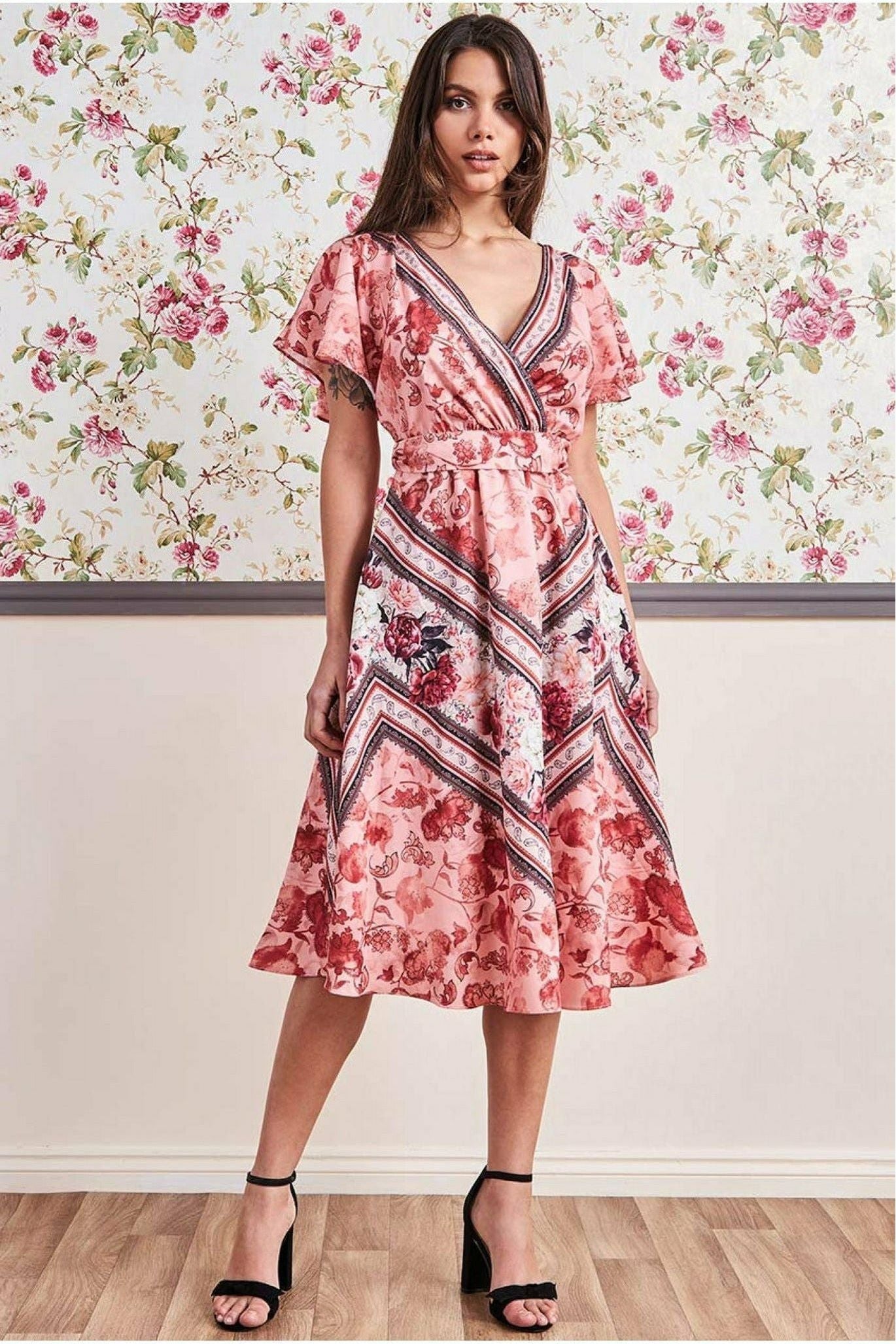 Flutter Sleeve Wrap Style Midi Dress - Peach by Goddiva