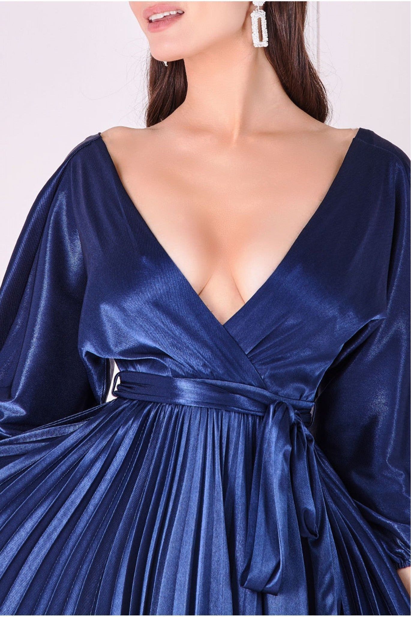 Satin Pleated Skirt Wrap Midi Dress - Navy by Goddiva