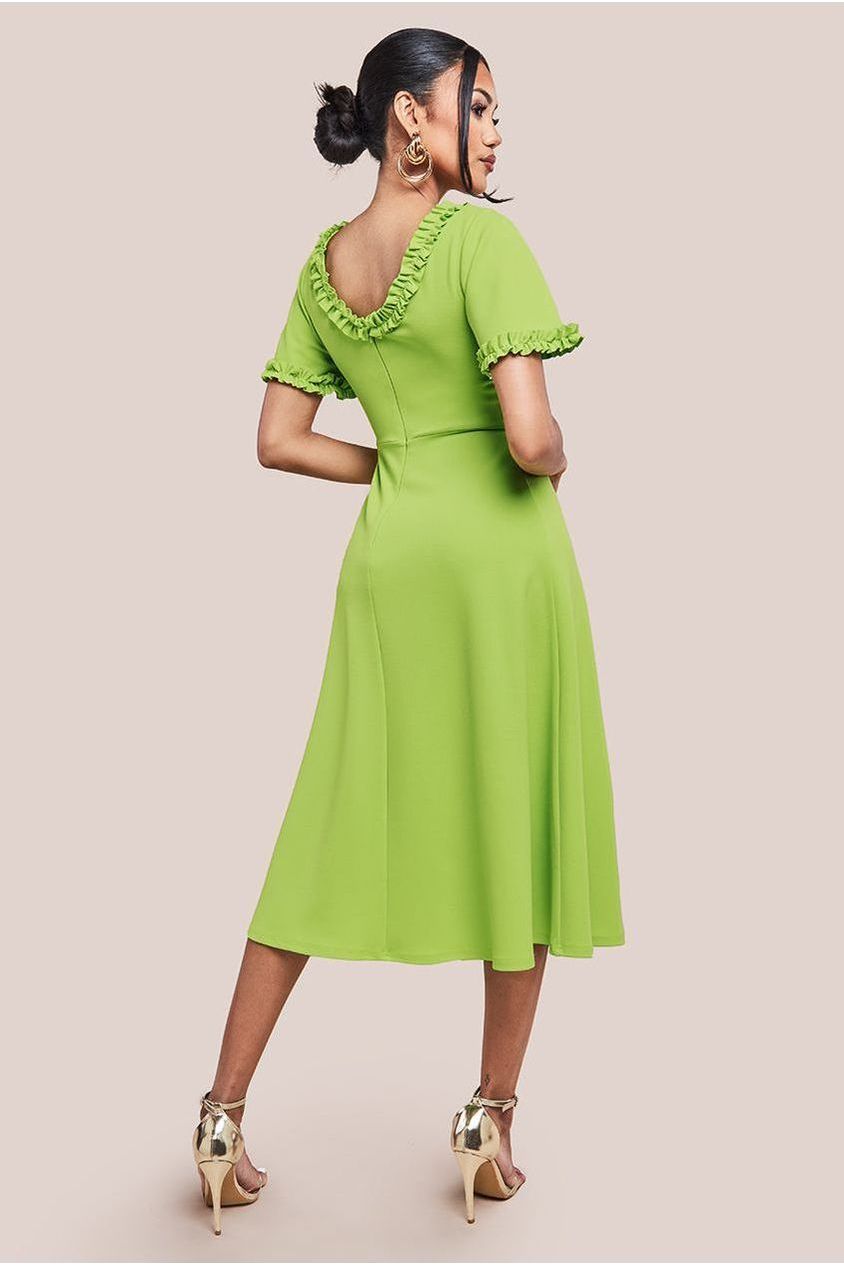 Flare Sleeve Frill Edge Midi Dress - Lime Green by Goddiva