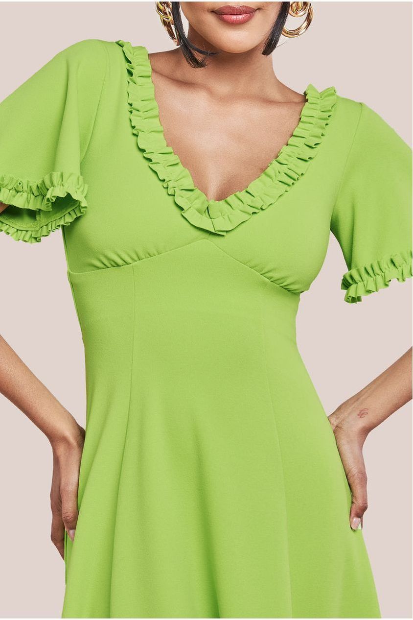 Flare Sleeve Frill Edge Midi Dress - Lime Green by Goddiva