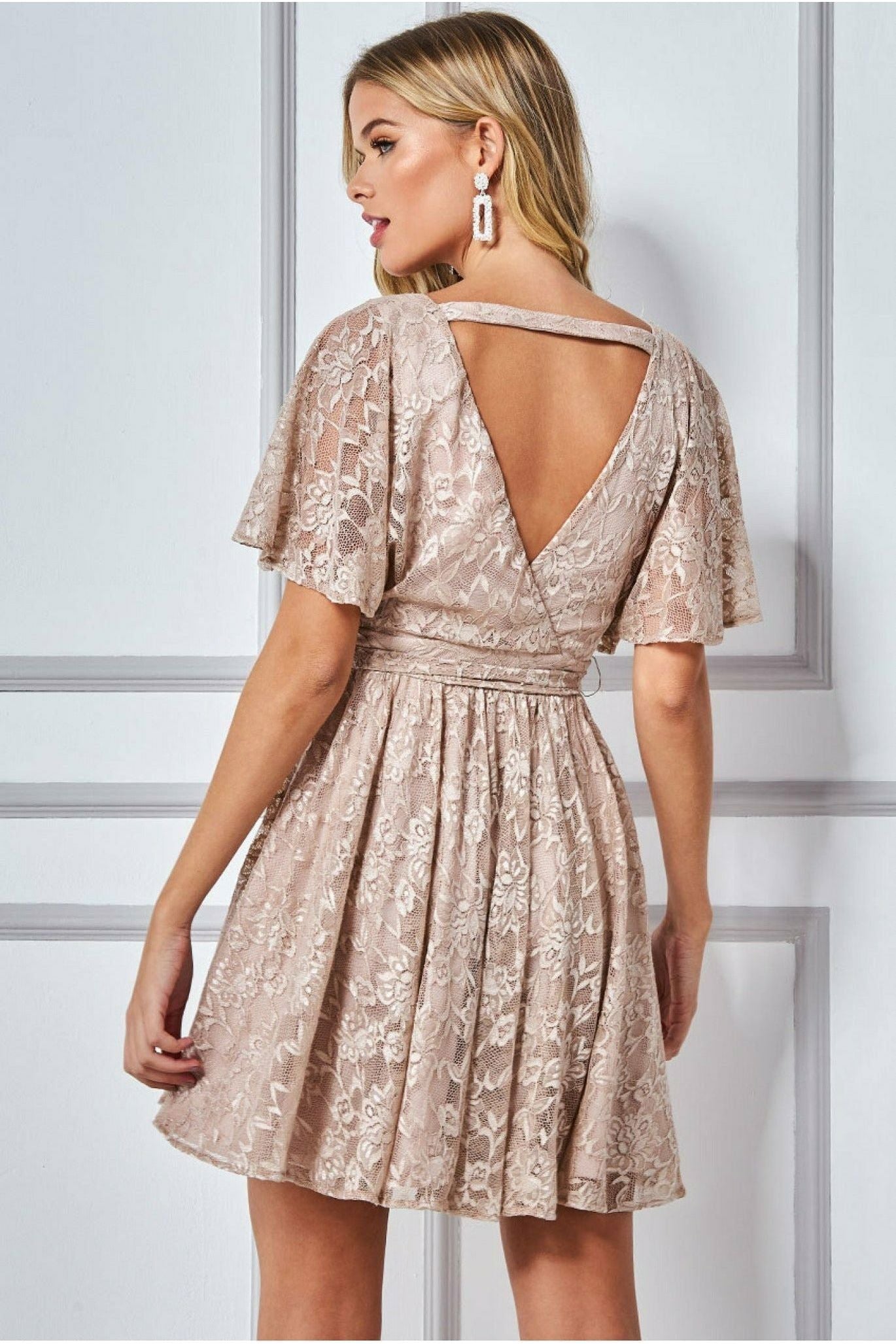 Lace Kimono Wrap Skater Mini Dress - Stone by Goddiva