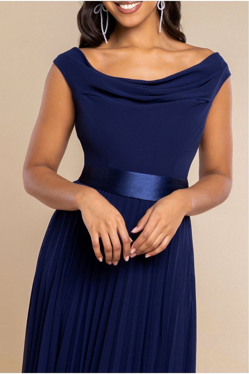 Cowl Neck Pleated A-Line Chiffon Midi Dress - Navy Blue by Goddiva