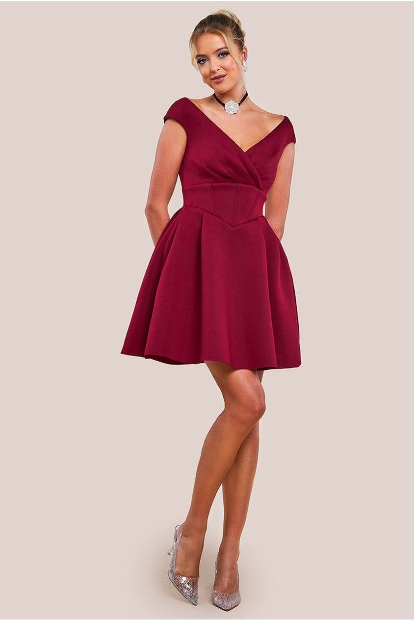 Corset Fit & Flare Mini Dress - Wine by Goddiva