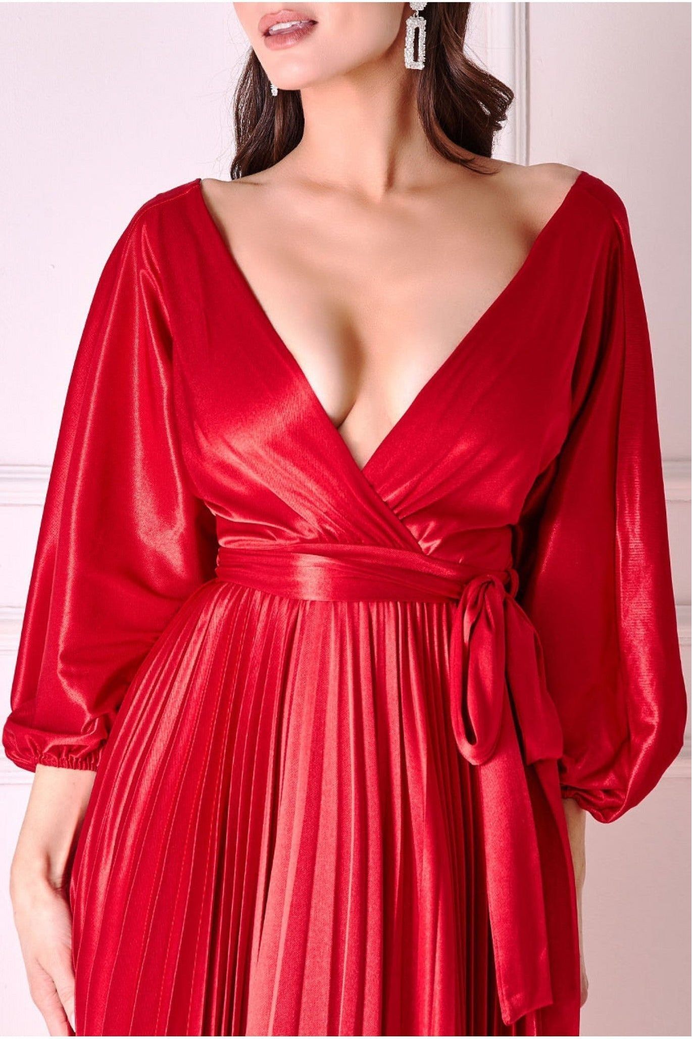 Satin Pleated Skirt Wrap Midi Dress - Red by Goddiva