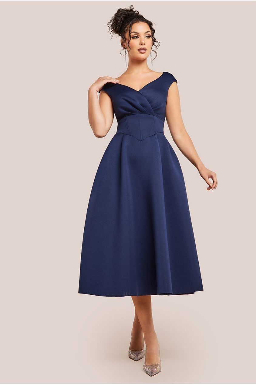 Corset Fit & Flare Midi Dress - Navy by Goddiva