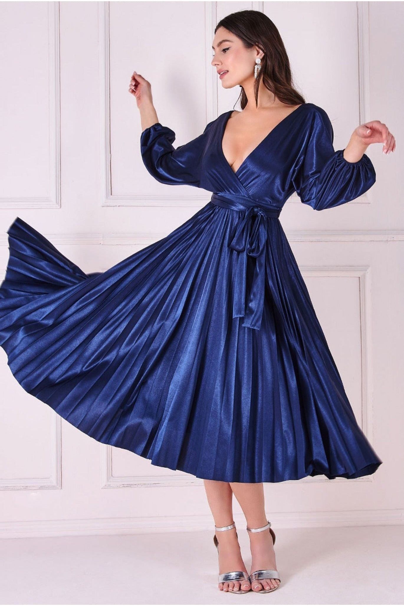 Satin Pleated Skirt Wrap Midi Dress - Navy by Goddiva