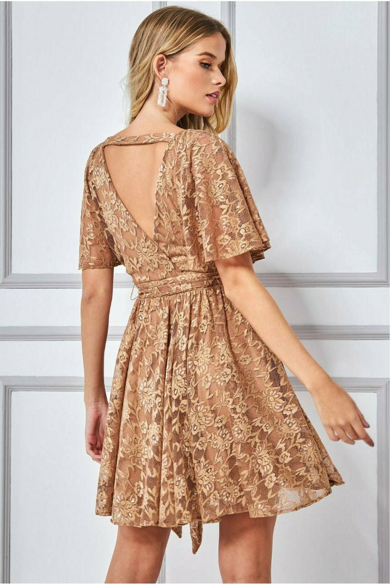Lace Kimono Wrap Skater Mini Dress - Tan by Goddiva
